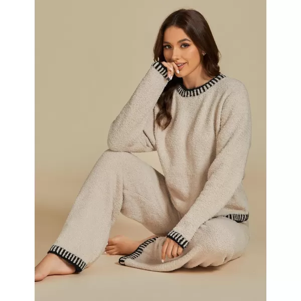 luvamia Two Piece Lounge Sets for Women Fuzzy Long Sleeve Knitted Sweater Contrast Trim Casual Warm Pajama Matching SetButtercream