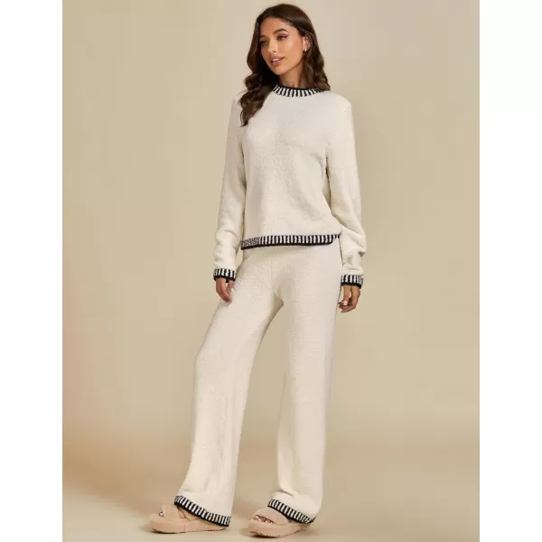 luvamia Two Piece Lounge Sets for Women Fuzzy Long Sleeve Knitted Sweater Contrast Trim Casual Warm Pajama Matching SetCream White