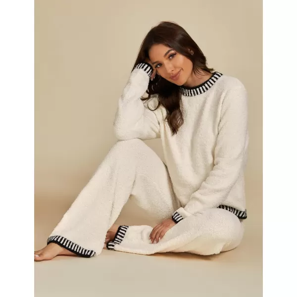 luvamia Two Piece Lounge Sets for Women Fuzzy Long Sleeve Knitted Sweater Contrast Trim Casual Warm Pajama Matching SetCream White