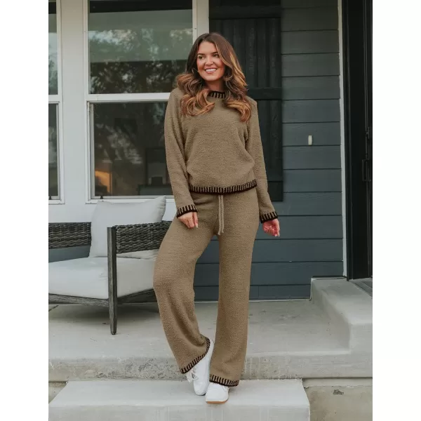 luvamia Two Piece Lounge Sets for Women Fuzzy Long Sleeve Knitted Sweater Contrast Trim Casual Warm Pajama Matching SetKhaki