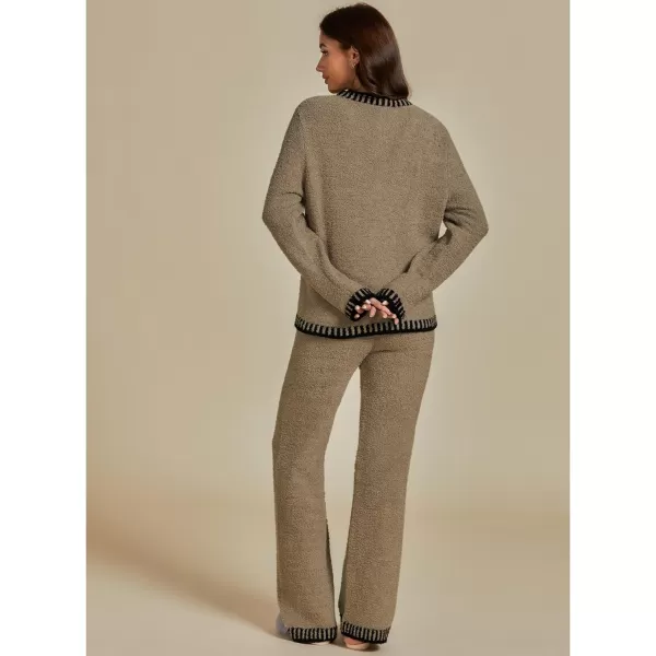 luvamia Two Piece Lounge Sets for Women Fuzzy Long Sleeve Knitted Sweater Contrast Trim Casual Warm Pajama Matching SetKhaki