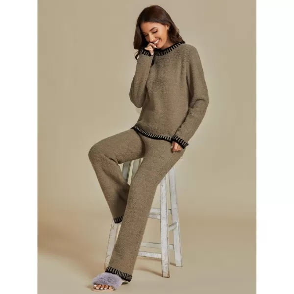 luvamia Two Piece Lounge Sets for Women Fuzzy Long Sleeve Knitted Sweater Contrast Trim Casual Warm Pajama Matching SetKhaki