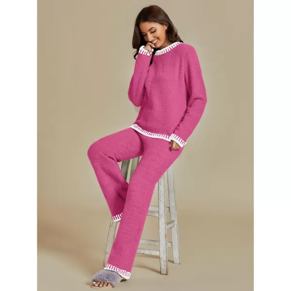 luvamia Two Piece Lounge Sets for Women Fuzzy Long Sleeve Knitted Sweater Contrast Trim Casual Warm Pajama Matching SetMagenta