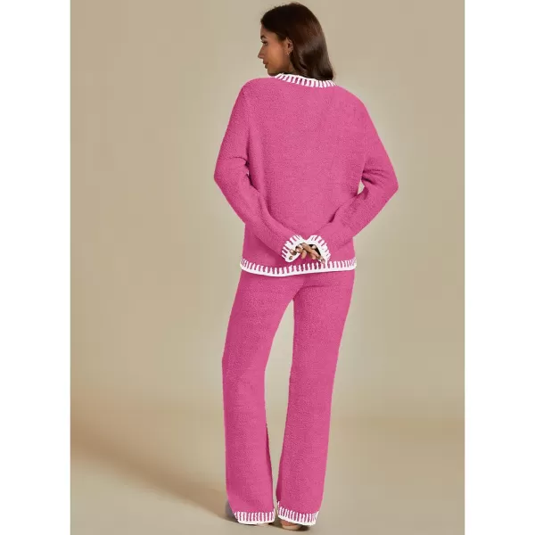 luvamia Two Piece Lounge Sets for Women Fuzzy Long Sleeve Knitted Sweater Contrast Trim Casual Warm Pajama Matching SetMagenta