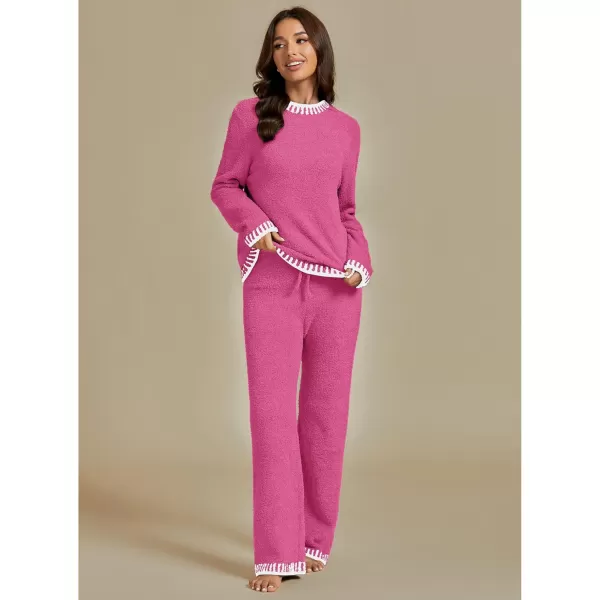 luvamia Two Piece Lounge Sets for Women Fuzzy Long Sleeve Knitted Sweater Contrast Trim Casual Warm Pajama Matching SetMagenta