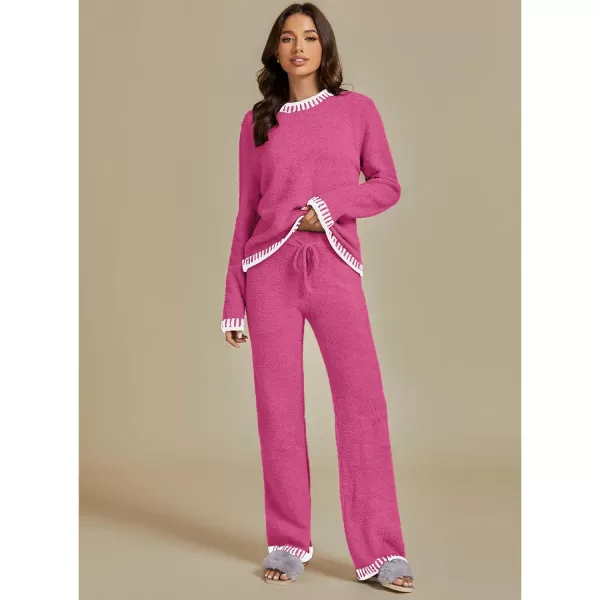 luvamia Two Piece Lounge Sets for Women Fuzzy Long Sleeve Knitted Sweater Contrast Trim Casual Warm Pajama Matching SetMagenta