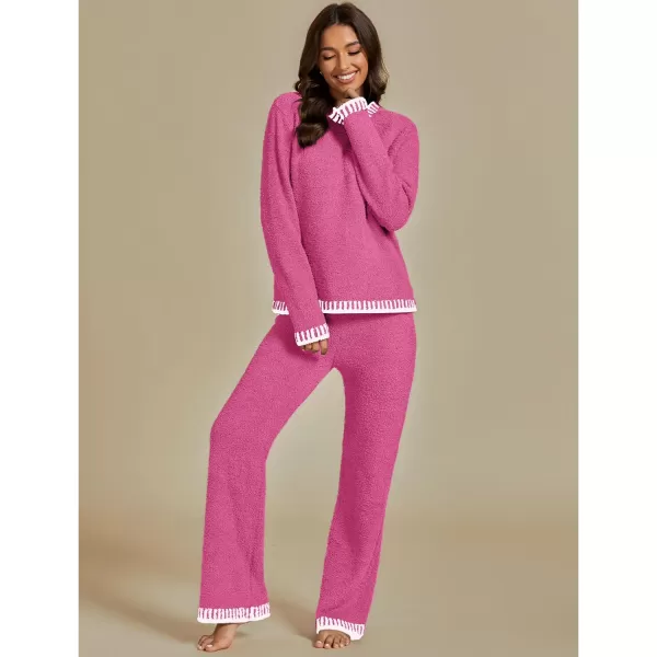 luvamia Two Piece Lounge Sets for Women Fuzzy Long Sleeve Knitted Sweater Contrast Trim Casual Warm Pajama Matching SetMagenta