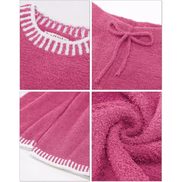 luvamia Two Piece Lounge Sets for Women Fuzzy Long Sleeve Knitted Sweater Contrast Trim Casual Warm Pajama Matching SetMagenta