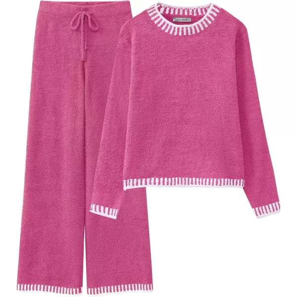 luvamia Two Piece Lounge Sets for Women Fuzzy Long Sleeve Knitted Sweater Contrast Trim Casual Warm Pajama Matching SetMagenta