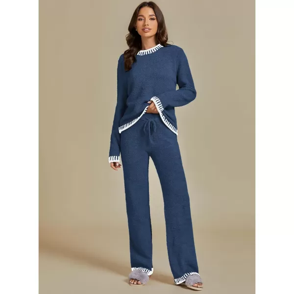 luvamia Two Piece Lounge Sets for Women Fuzzy Long Sleeve Knitted Sweater Contrast Trim Casual Warm Pajama Matching SetNavy Blue