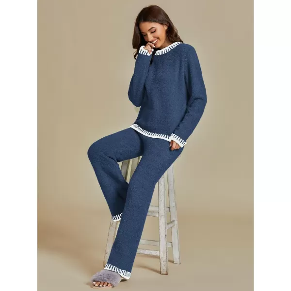 luvamia Two Piece Lounge Sets for Women Fuzzy Long Sleeve Knitted Sweater Contrast Trim Casual Warm Pajama Matching SetNavy Blue