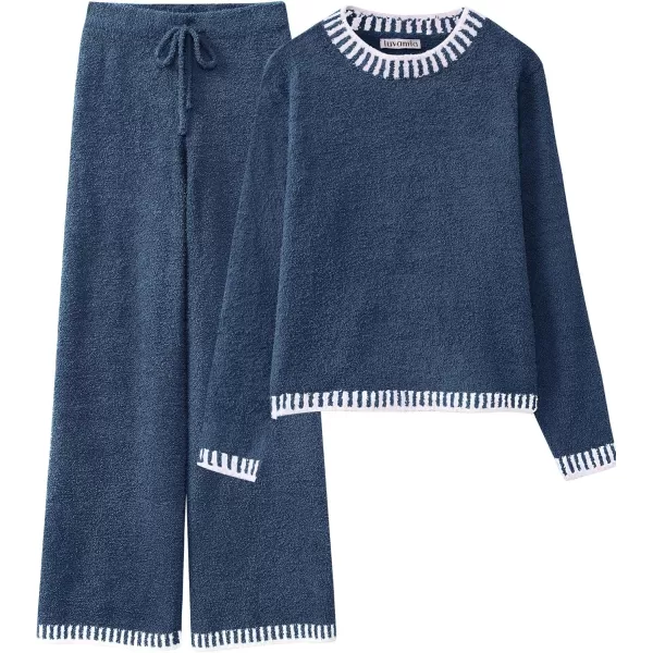 luvamia Two Piece Lounge Sets for Women Fuzzy Long Sleeve Knitted Sweater Contrast Trim Casual Warm Pajama Matching SetNavy Blue