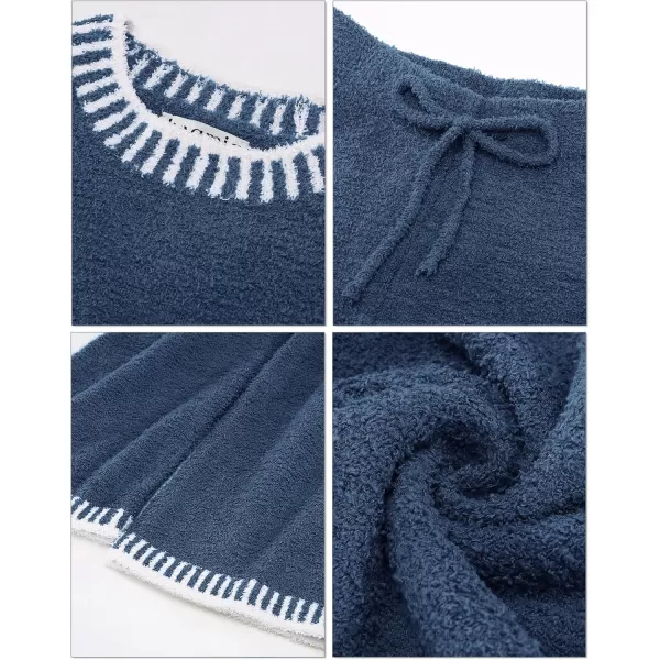 luvamia Two Piece Lounge Sets for Women Fuzzy Long Sleeve Knitted Sweater Contrast Trim Casual Warm Pajama Matching SetNavy Blue