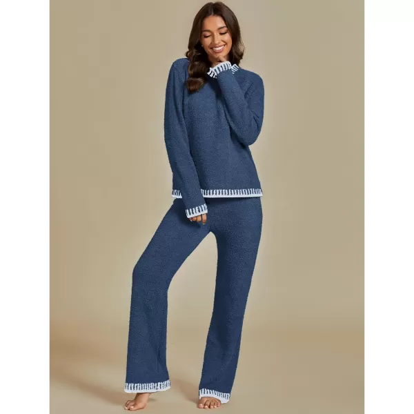 luvamia Two Piece Lounge Sets for Women Fuzzy Long Sleeve Knitted Sweater Contrast Trim Casual Warm Pajama Matching SetNavy Blue