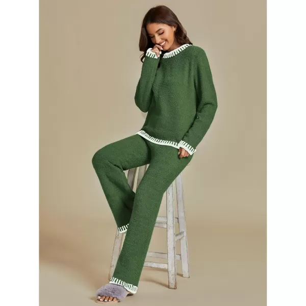 luvamia Two Piece Lounge Sets for Women Fuzzy Long Sleeve Knitted Sweater Contrast Trim Casual Warm Pajama Matching SetVineyard Green