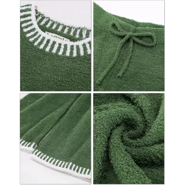 luvamia Two Piece Lounge Sets for Women Fuzzy Long Sleeve Knitted Sweater Contrast Trim Casual Warm Pajama Matching SetVineyard Green