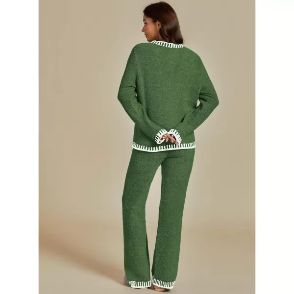 luvamia Two Piece Lounge Sets for Women Fuzzy Long Sleeve Knitted Sweater Contrast Trim Casual Warm Pajama Matching SetVineyard Green