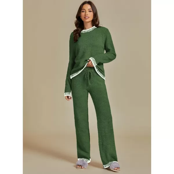 luvamia Two Piece Lounge Sets for Women Fuzzy Long Sleeve Knitted Sweater Contrast Trim Casual Warm Pajama Matching SetVineyard Green