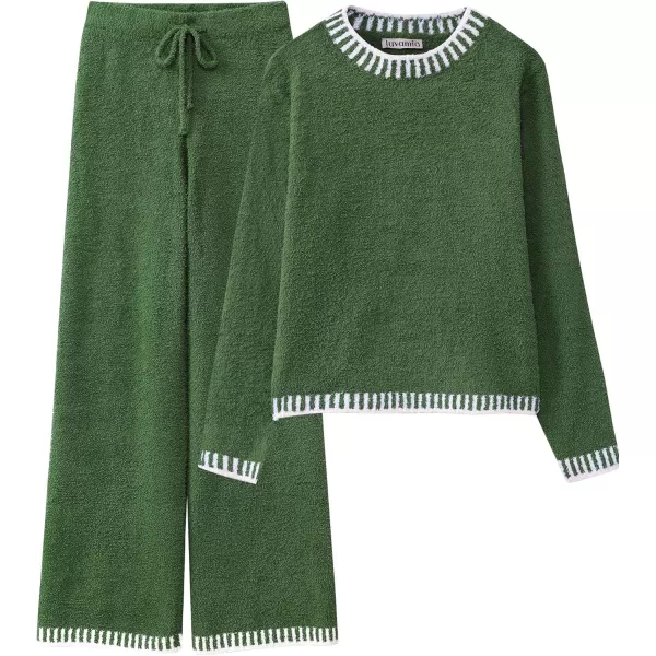 luvamia Two Piece Lounge Sets for Women Fuzzy Long Sleeve Knitted Sweater Contrast Trim Casual Warm Pajama Matching SetVineyard Green