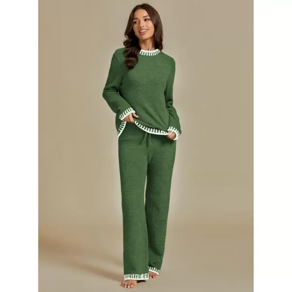 luvamia Two Piece Lounge Sets for Women Fuzzy Long Sleeve Knitted Sweater Contrast Trim Casual Warm Pajama Matching SetVineyard Green