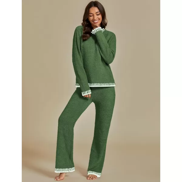 luvamia Two Piece Lounge Sets for Women Fuzzy Long Sleeve Knitted Sweater Contrast Trim Casual Warm Pajama Matching SetVineyard Green