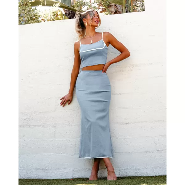 luvamia Two Piece Skirt Sets for Women Ribbed Colorblock Crop Top High Rise Knit Maxi Skirt Co Ord Matching Dress SetsArona Blue