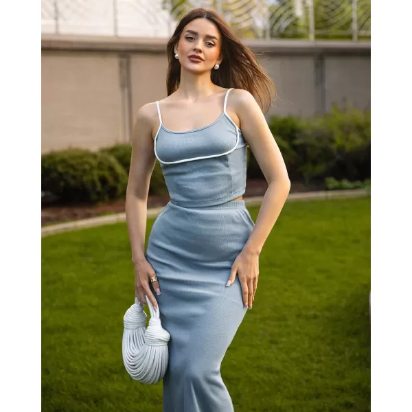 luvamia Two Piece Skirt Sets for Women Ribbed Colorblock Crop Top High Rise Knit Maxi Skirt Co Ord Matching Dress SetsArona Blue