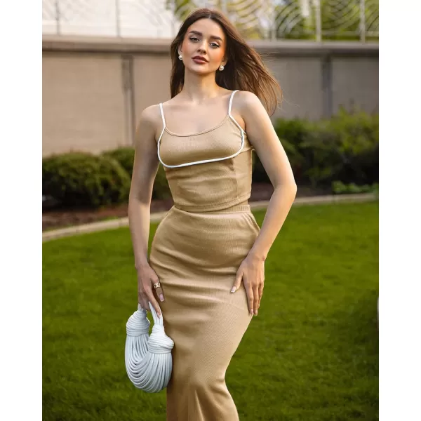 luvamia Two Piece Skirt Sets for Women Ribbed Colorblock Crop Top High Rise Knit Maxi Skirt Co Ord Matching Dress SetsBeige