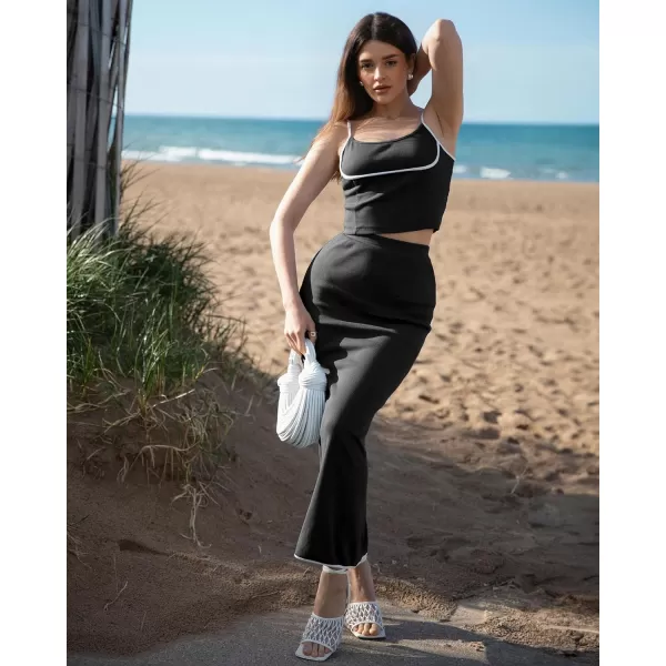 luvamia Two Piece Skirt Sets for Women Ribbed Colorblock Crop Top High Rise Knit Maxi Skirt Co Ord Matching Dress SetsBlack