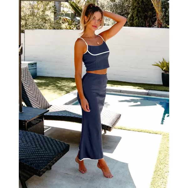 luvamia Two Piece Skirt Sets for Women Ribbed Colorblock Crop Top High Rise Knit Maxi Skirt Co Ord Matching Dress SetsNavy Blue