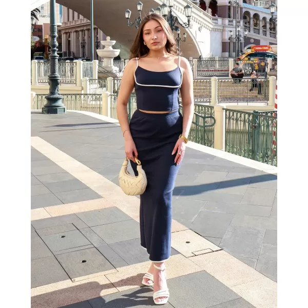 luvamia Two Piece Skirt Sets for Women Ribbed Colorblock Crop Top High Rise Knit Maxi Skirt Co Ord Matching Dress SetsNavy Blue