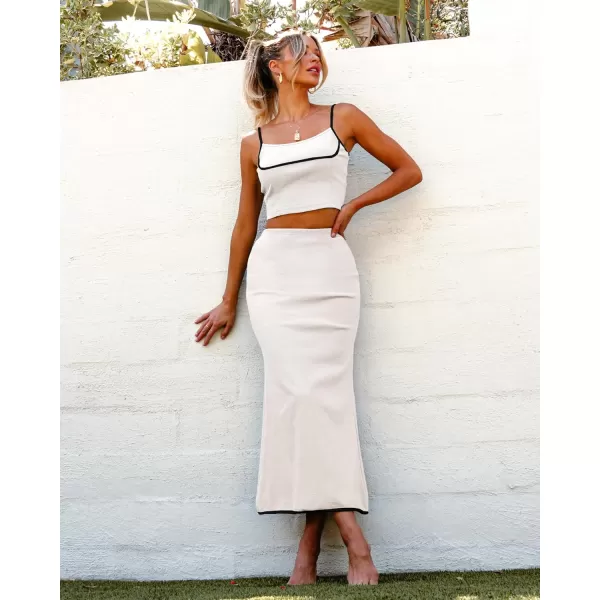 luvamia Two Piece Skirt Sets for Women Ribbed Colorblock Crop Top High Rise Knit Maxi Skirt Co Ord Matching Dress SetsWhite