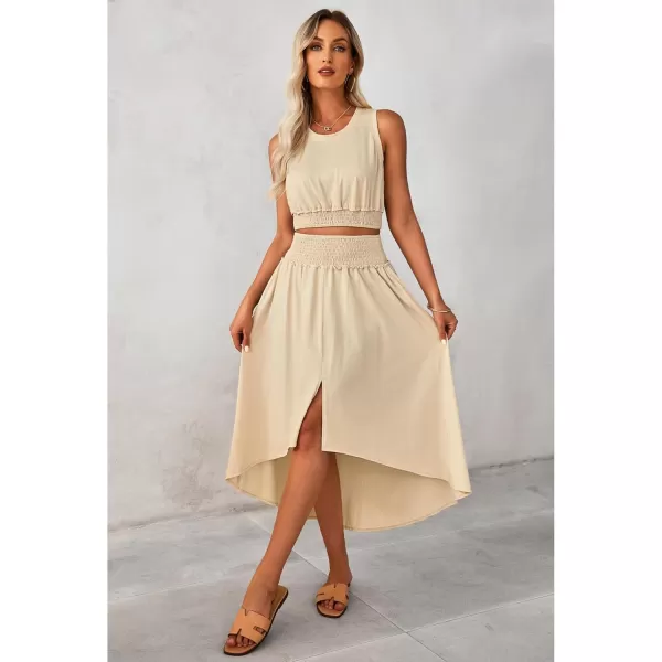 luvamia Two Piece Skirt Sets for Women Smocked Crop Top High Waisted High Low Split Maxi Skirt Co Ord Matching Dress SetBeige