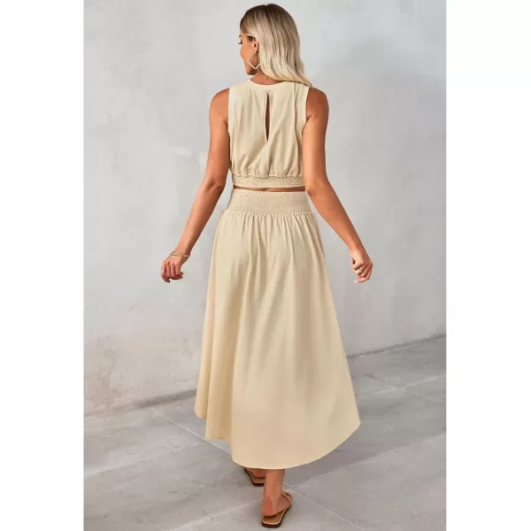 luvamia Two Piece Skirt Sets for Women Smocked Crop Top High Waisted High Low Split Maxi Skirt Co Ord Matching Dress SetBeige