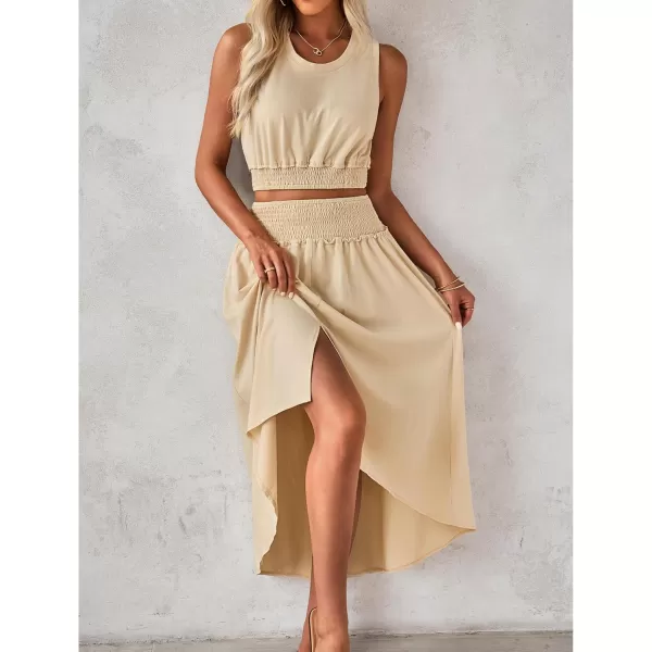 luvamia Two Piece Skirt Sets for Women Smocked Crop Top High Waisted High Low Split Maxi Skirt Co Ord Matching Dress SetBeige