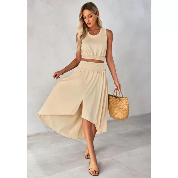 luvamia Two Piece Skirt Sets for Women Smocked Crop Top High Waisted High Low Split Maxi Skirt Co Ord Matching Dress SetBeige