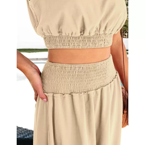 luvamia Two Piece Skirt Sets for Women Smocked Crop Top High Waisted High Low Split Maxi Skirt Co Ord Matching Dress SetBeige