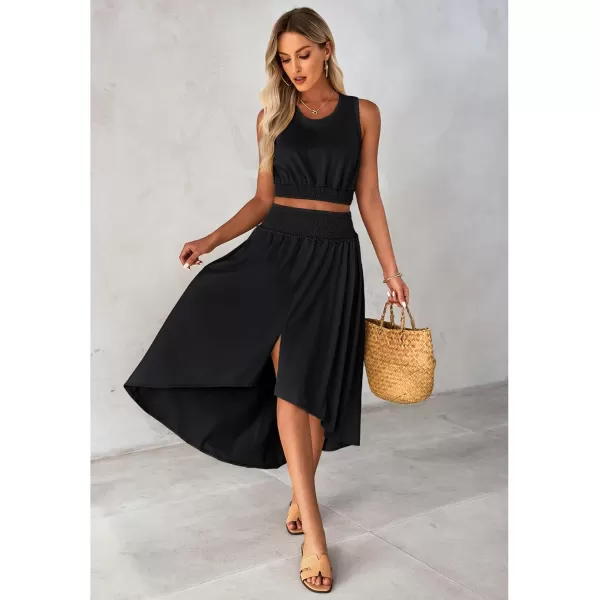 luvamia Two Piece Skirt Sets for Women Smocked Crop Top High Waisted High Low Split Maxi Skirt Co Ord Matching Dress SetBlack