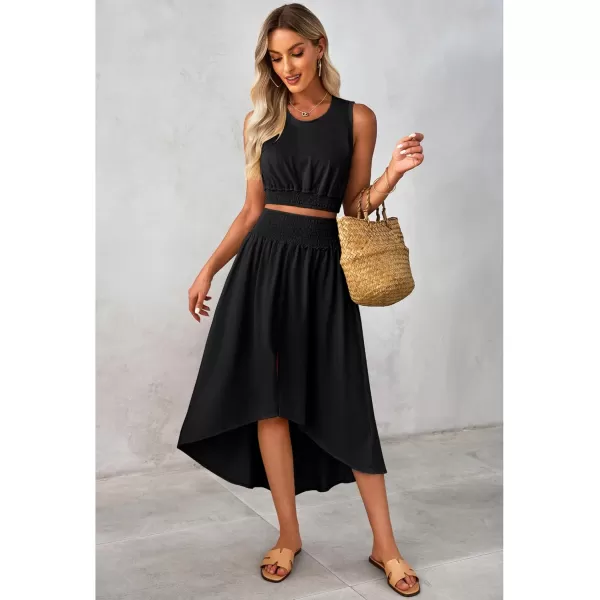 luvamia Two Piece Skirt Sets for Women Smocked Crop Top High Waisted High Low Split Maxi Skirt Co Ord Matching Dress SetBlack