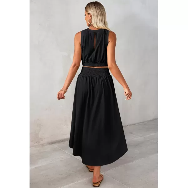 luvamia Two Piece Skirt Sets for Women Smocked Crop Top High Waisted High Low Split Maxi Skirt Co Ord Matching Dress SetBlack