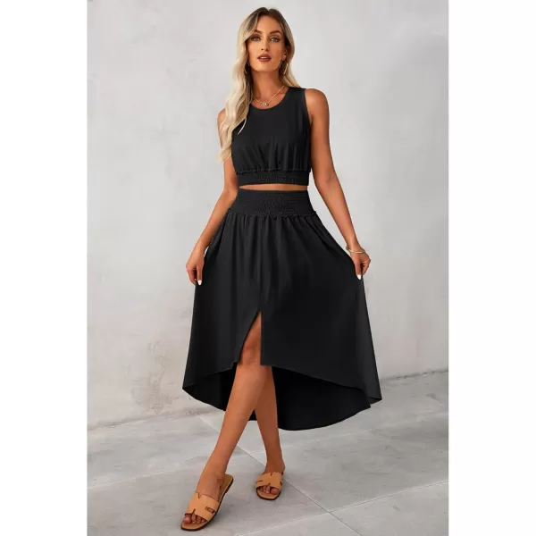 luvamia Two Piece Skirt Sets for Women Smocked Crop Top High Waisted High Low Split Maxi Skirt Co Ord Matching Dress SetBlack