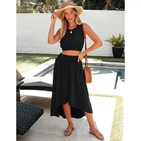 luvamia Two Piece Skirt Sets for Women Smocked Crop Top High Waisted High Low Split Maxi Skirt Co Ord Matching Dress SetBlack