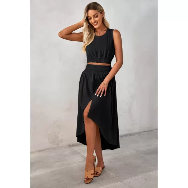 luvamia Two Piece Skirt Sets for Women Smocked Crop Top High Waisted High Low Split Maxi Skirt Co Ord Matching Dress SetBlack