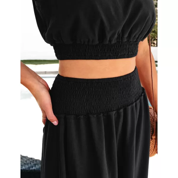 luvamia Two Piece Skirt Sets for Women Smocked Crop Top High Waisted High Low Split Maxi Skirt Co Ord Matching Dress SetBlack