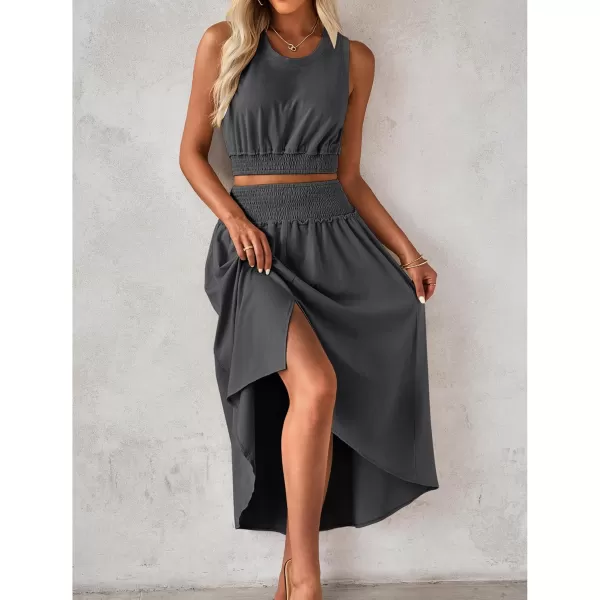 luvamia Two Piece Skirt Sets for Women Smocked Crop Top High Waisted High Low Split Maxi Skirt Co Ord Matching Dress SetDark Gray