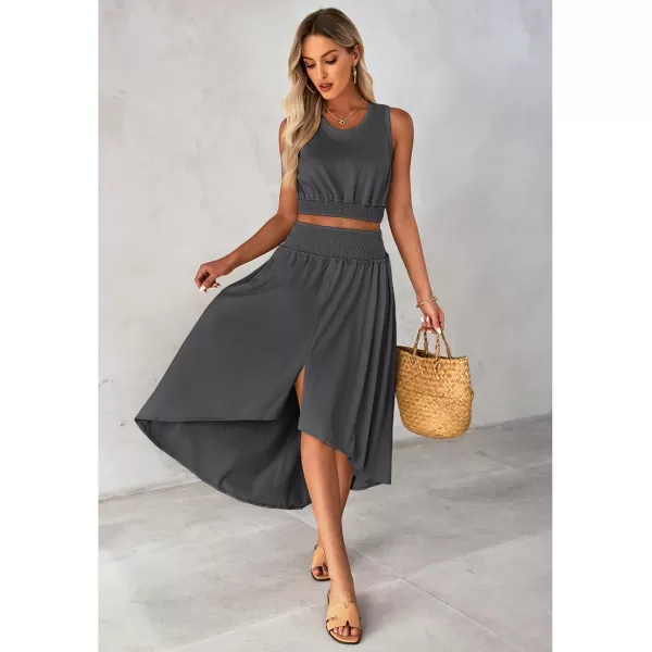 luvamia Two Piece Skirt Sets for Women Smocked Crop Top High Waisted High Low Split Maxi Skirt Co Ord Matching Dress SetDark Gray