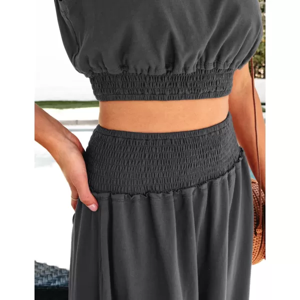 luvamia Two Piece Skirt Sets for Women Smocked Crop Top High Waisted High Low Split Maxi Skirt Co Ord Matching Dress SetDark Gray