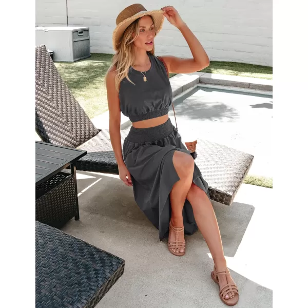 luvamia Two Piece Skirt Sets for Women Smocked Crop Top High Waisted High Low Split Maxi Skirt Co Ord Matching Dress SetDark Gray