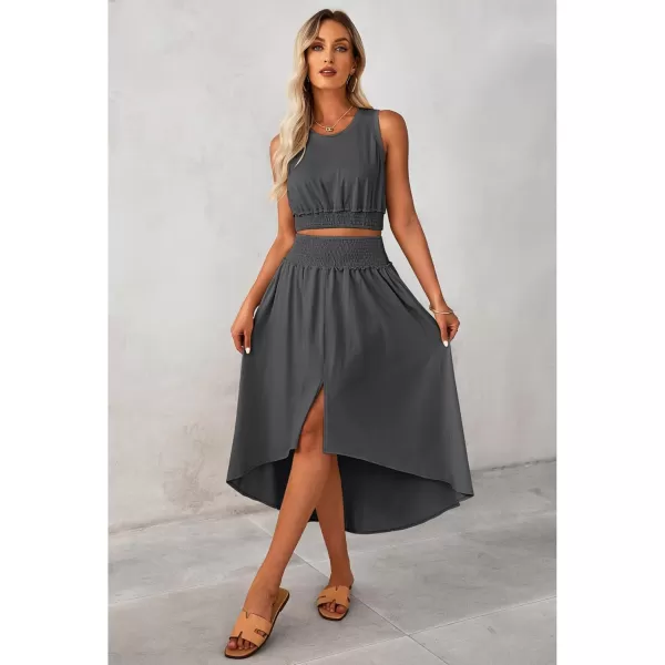 luvamia Two Piece Skirt Sets for Women Smocked Crop Top High Waisted High Low Split Maxi Skirt Co Ord Matching Dress SetDark Gray