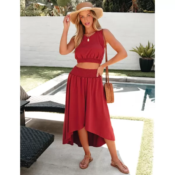 luvamia Two Piece Skirt Sets for Women Smocked Crop Top High Waisted High Low Split Maxi Skirt Co Ord Matching Dress SetTango Red